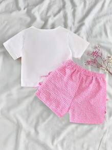 Conjunto informal de 2 piezas para niñas con camiseta de manga corta de cuello redondo a cuadros con lazo y shorts elásticos a la cintura con lazo a cuadros - Rosa - Ver 2