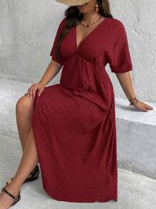 SHEIN VCAY Plus Size Solid V-Neck Casual Versatile Short Sleeve Dress - Burgundy - View 5