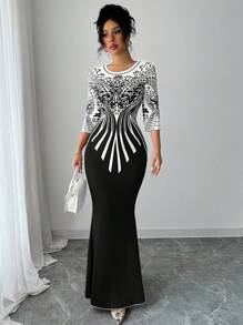 Modelyn Digital Print Bodycon Long Sleeve Dress For Women - Multicolor - View 5