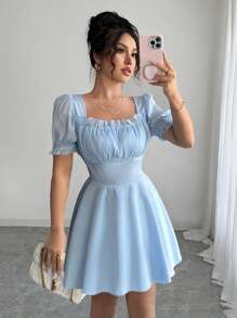 Elenzga New Season French Style Blue Square Neck Fashionable Luxurious High-End Chic Cinched Waist Elegant Puff Sleeve Dress For Summer - Baby Blue - View 6