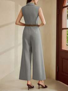 Vintamour Bộ đồ liền thân thanh lịch cổ điển dành cho quý cô, bộ đồ liền thân bó sát mùa xuân/hè có túi, cổ áo, thắt lưng màu kaki nhạt, không tay - Xám - Xem 2