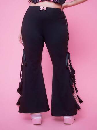 Kawaii Plus Size Women Punk Contrast Color Lace Patchwork Ribbon Tie Bow Flare Pants