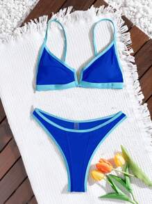 Swim SXY Women's V-Neck Cutout Strap Two-Piece Blue Bikini Set, Contrasting Color Sexy Swimwear Bathing Suit For Summer Beach Vacation - Royal Blue - View 2