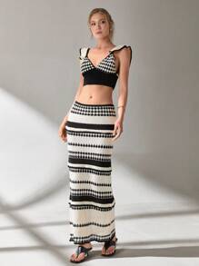SHEIN Cottnline Women Top And Skirt Openwork Sweater Cover Up Set - Black and White - View 4