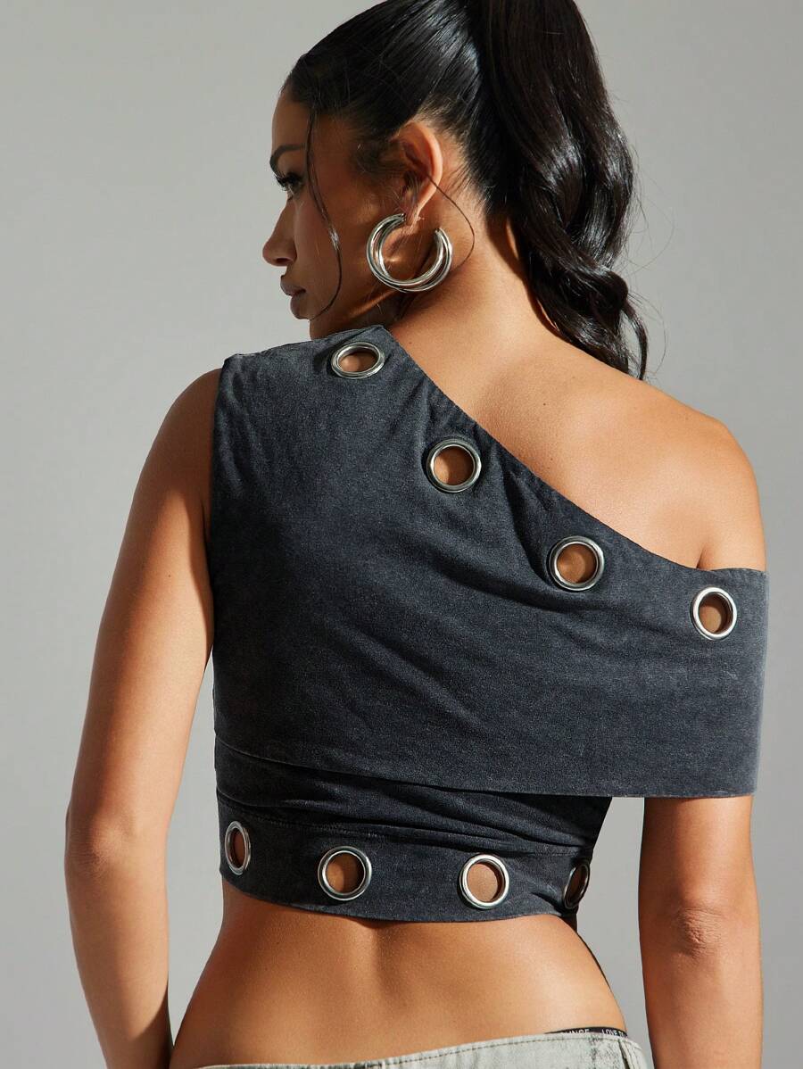 Denimoi Asymmetrical Neck Eyelet Hardware Crop Top - Black - View 1