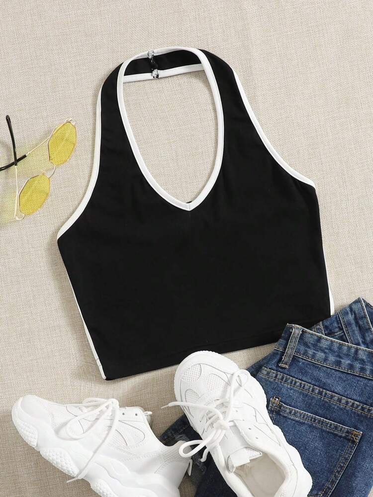 Contrast Binding Crop Halter Top
