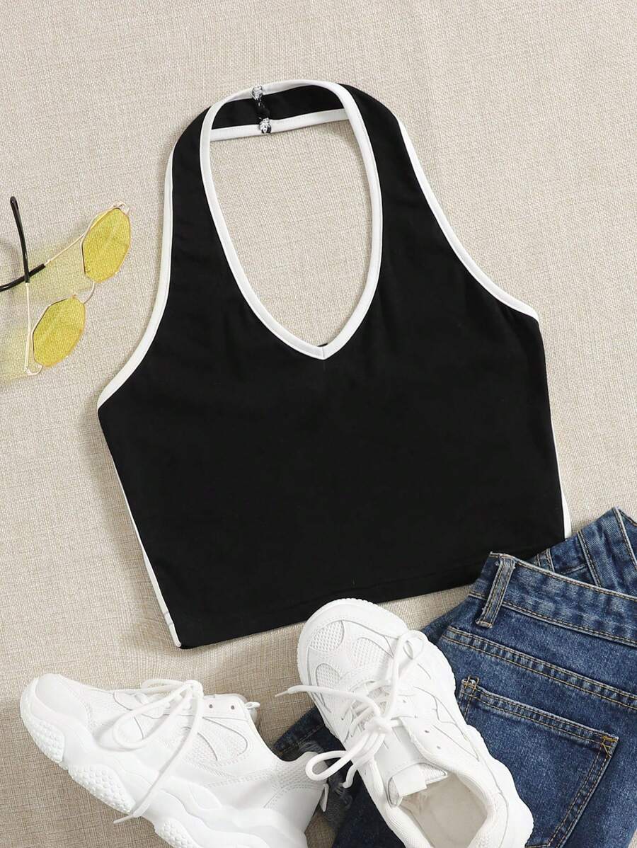 SHEIN EZwear Top halter corto unido en contraste - Negro - Ver 1
