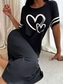 SHEIN 简约休闲女士心形印花睡袍，Moo Moo - 黑色 - 查看 1