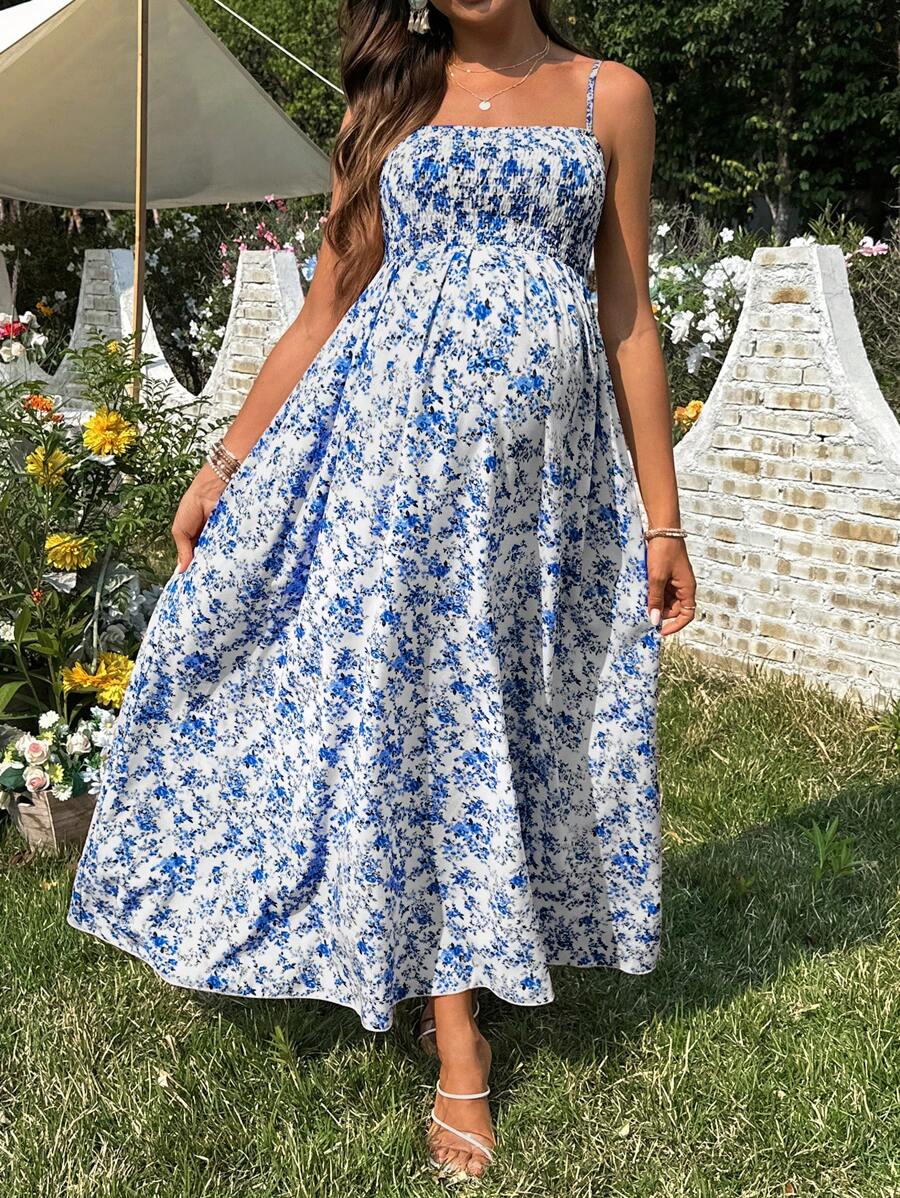SHEIN 女士休闲碎花印花无袖孕妇装 - 藍白色 - 查看 1