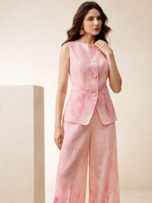 Anewsta 夏季粉色优雅花卉印花背心外套 - 粉色 - 查看 5