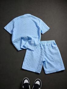 Manfinity Hypemode 男士纯色单排扣短袖衬衫和短裤套装