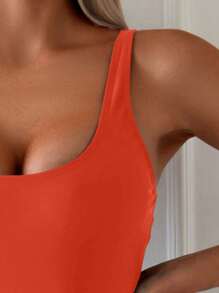 SHEIN Swim 女士纯色简约无袖连体泳衣 - 橘色 - 查看 4