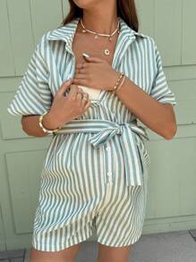 SHEIN 孕妇夏季休闲条纹短袖开襟连衣裙 - 綠色 - 查看 7