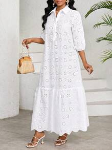 SHEIN Lady Women's Long Solid Color Eyelet Embriodery Dress, Fashionable For Summer White Dresses For Women,Dresses For Women Summer - White - View 6