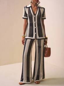 Slaydiva New Summer Casual Sportswear Casual Home Wear Beach Vacation Casual Vacation Simple Style Basic Style Lapel Shirt Collar V-Neck Open Placket Short-Sleeved Woolen Top + Wide-Leg Pants Trousers Black And White Striped Woolen Suit Women's Sweater Two-Piece Suit - Black - View 3