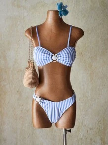 SHEIN ICON 女士夏季沙滩金属环装饰条纹比基尼套装 - 藍白色 - 查看 1