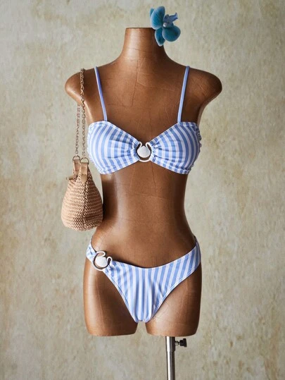 SHEIN ICON 女士夏季沙滩金属环装饰条纹比基尼套装