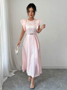 Elenzga Vestido de vacaciones de talla estándar para mujer, de cintura ajustada, con mangas acampanadas y volantes, de unicolor, elegante y de longitud media - Rosa - Ver 4