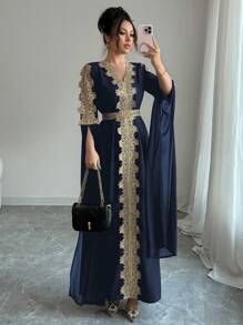 Rafferiza Patchwork Extra Long Sleeve Abaya Robe, Women Middle East Style Solid Color Lace Hem Long Dress Fall Cloth For Women - Navy Blue - View 6