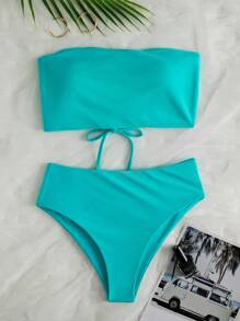SHEIN Swim Summer Beach Solid Bikini Set Lace Up Back Reversible Tube Bra & High Waisted Bottom 2 Piece Bathing Suit - Mint Blue - View 2
