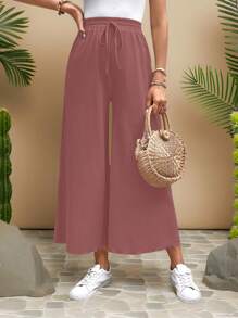 Travachic 女士纯色腰系带直筒宽松休闲裤 - 棕色 - 查看 3