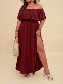 Travachic Plus Size Holiday Ruffle Ruffle Trim Dress,Beach Dress Sundress,Holiday Outfits Boho - Burgundy - View 5