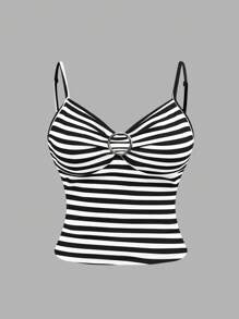 ROMWE 大码女式双色条纹金属圆扣可调节吊带背心 - 黑與白 - 查看 1