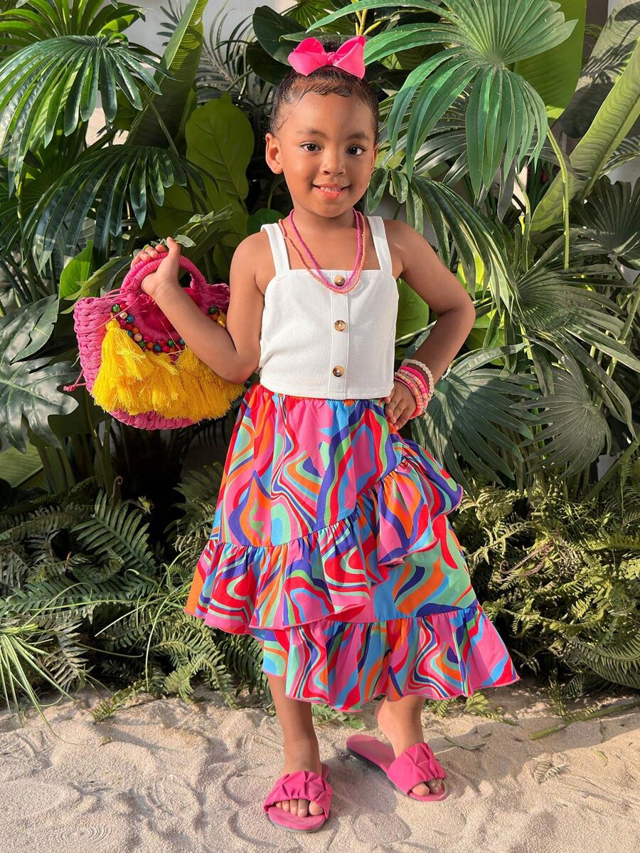 SHEIN Set de 2 piezas para niñas jóvenes compuesto por top de tirantes blanco con botones falsos y falda asimétrica con estampado floral, conjunto casual y de moda para niña preadolescente en verano para exteriores