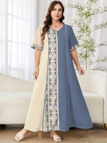 Al Najma 优雅针织花卉印花大码连衣裙，乡村风格 - 霧霾藍 - 查看 3