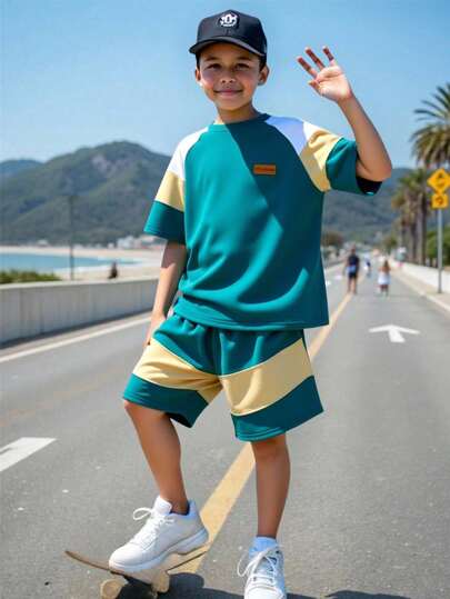 SHEIN Leap Crew 2pcs Casual Color Block Crew Neck Raglan Sleeve T-Shirt And Elastic Waist Splicing Shorts Set, Suitable For Teen Boys In Autumn, Spring, Summer. Suitable For Outdoor Play, School, Street, Party And Leisure