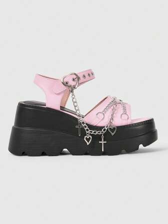 Grunge Punk 2025 Neue Gothic Outdoor Lässig Ketten Dekor Plateau Plateau Dicke Sohle Sandalen, Sommer
