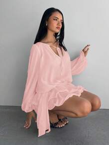 Aloruh Women's Glitter Lantern Sleeve Loose Drawstring Ruched Multi-Layered Ruffle Hem Mini Romantic Fairy Chiffon Dress