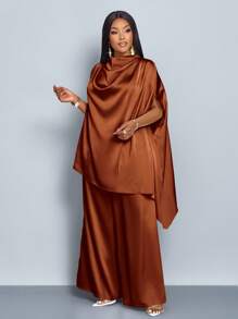 SOLERSUN 女士时尚纯色优雅立领时尚精致蝙蝠袖缎面不对称下摆衬衫和直腿优雅长裤套装 - 棕色 - 查看 6