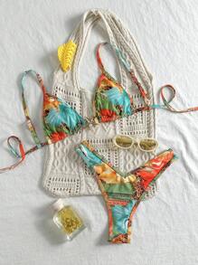Elavelle Springbreak 女士沙滩装夏季女装：随机花卉和金属海星装饰细肩带高腰短裤性感比基尼套装 - 彩色 - 查看 2