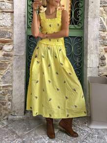 女式夏季法式休闲度假黄色褶饰方领多层荷叶边花卉印花长裙 - 彩色 - 查看 3