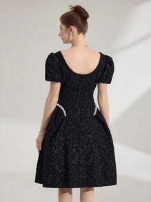 Poshira Damen elegantes jacquard Kurzes Kleid mit Strass Dekor, Sommer - Schwarz - Übersicht 2