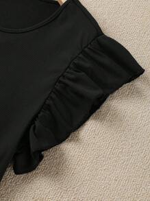 SHEIN LUNE Bộ 2 áo tay bồng màu trơn cỡ lớn và quần short họa tiết hoa, trang phục thường ngày cho kỳ nghỉ hè, trang phục mùa hè 2 món dành cho nữ - màu đen - Xem 4