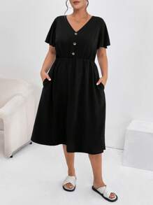SHEIN Essnce Women's Plus Size Summer Casual Vacation Waist V-Neck Short-Sleeved Pocket Black Conservative Dress