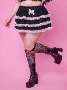 ROMWE Kawaii 加大码甜美撞色蕾丝荷叶边蝴蝶结装饰半身裙