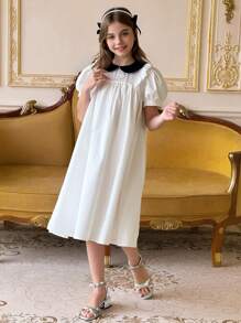 DAZY 女童优雅棉质刺绣泡泡袖拼布连衣裙，夏季，返校服 - 白色 - 查看 3