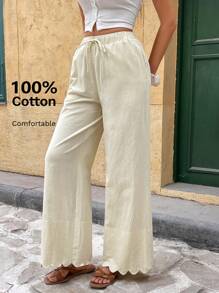 SHEIN Frenchy Quần vải lanh rộng rãi màu trơn đơn giản cho nữ - Màu be - Xem 7