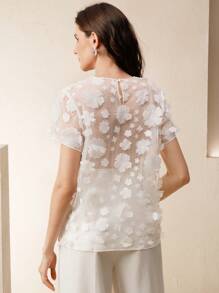 Anewsta Women's Elegant Round Neck Short Sleeve Floral Mesh Hollow Blouse - White - View 3