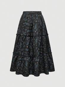 ROMWE Fairycore Hippie Retro Style Resort Moon & Plant Allover Print Skirt - Black - View 2