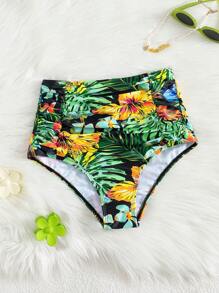 Swim Lushoire Palm Print Ruched High Waist Bikini Bottom For Summer Vacation - Multicolor - View 4