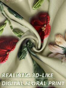 SHEIN LUNE 大码女式超长衬衫裙，带 3D 数码花卉印花 - 卷起袖子修身设计（非刺绣）