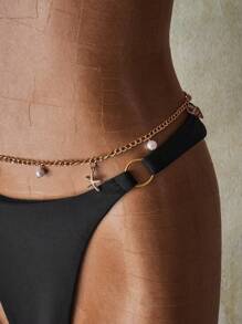 SHEIN ICON Women Black Tropical Beach Summer Beach Solid Color Ring Linked Bikini Bottom - Black - View 6