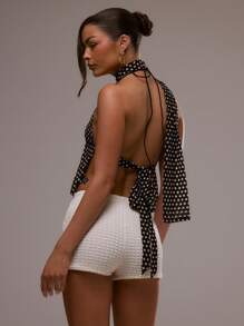 MUSERA 波尔卡圆点围巾细节三角形吊带春夏性感吊带短款上衣假日夏季场合优雅可爱夏季上衣节日伊比沙岛波西米亚风 - 黑色 - 查看 3