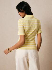 Poéselle 女式夏季条纹短袖 Polo 领休闲 T 恤 - 黃色 - 查看 2