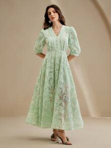 Anewsta Mùa xuân, mùa hè, thanh lịch, kỳ nghỉ, đêm hẹn hò, bãi biển váy dài vải lưới thêu eo bán trong suốt cổ chữ V cho nữ - màu xanh lá - Xem 3