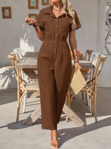 SHEIN Clasi 女式纯色短袖实用口袋休闲连体裤 - 棕色 - 查看 4